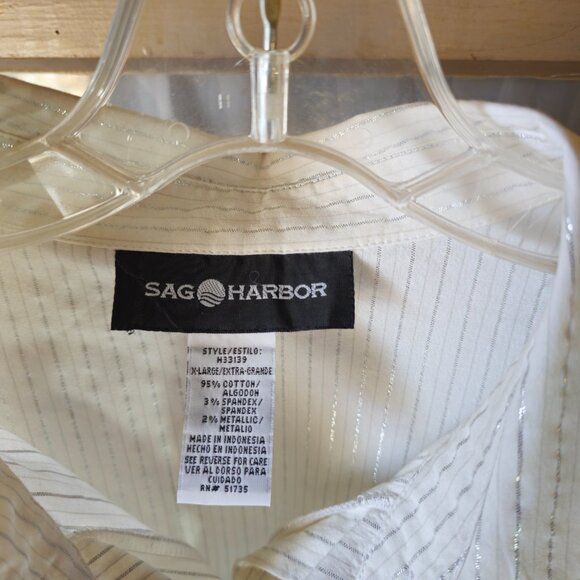 Sag Harbor White Button Down Shirt /W Vertical Silver Metallic Stripes XL - Picture 4 of 4